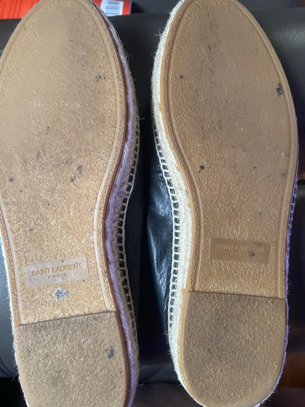 Yves Saint Laurent Black Leather Espadrille Slip-Ons with Stitched Logo - Picture 3 of 3